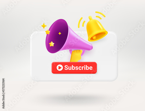 Pop up window with red button, golden bell and bullhorn. Subscribing news concept. 3d vector illustration
