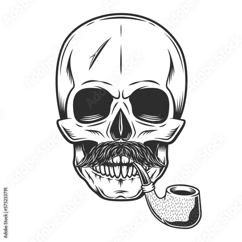 Hipster skull smoking pipe and cigarette with mustache isolated on white background monochrome illustration