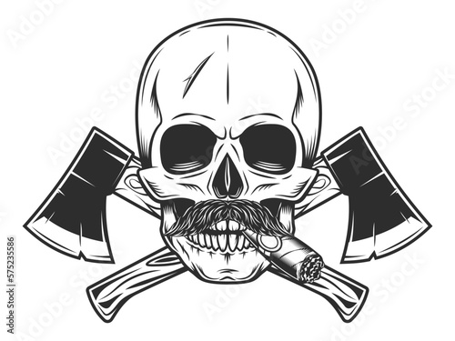 Skull smocking cigar or cigarette with mustache and and crossed wooden axe business woodworking or lumberjack emblem construction builder tool