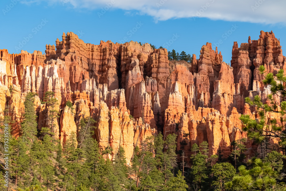 Scenic view of massive hoodoo sandstone rock formation towers on Queens Garden trail in Bryce Canyon National Park, Utah, USA. Pine tree forest surrounded by natural amphitheatre on sunny summer day Scenic view of massive hoodoo sandstone rock formation towers on Queens Garden trail in Bryce Canyon National Park, Utah, USA. Pine tree forest surrounded by natural amphitheatre on sunny summer day