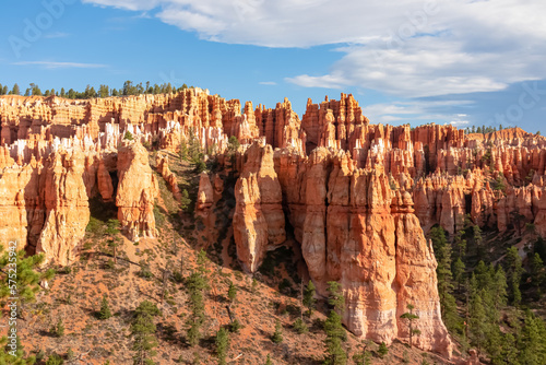 Scenic view of massive hoodoo sandstone rock formation towers on Queens Garden trail in Bryce Canyon National Park, Utah, USA. Pine tree forest surrounded by natural amphitheatre on sunny summer day