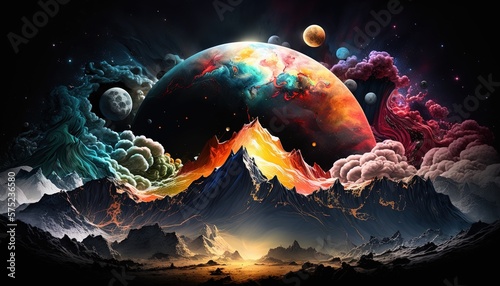 Fototapeta Naklejka Na Ścianę i Meble -  A Journey Through the Mountains and Planets in Cosmic Space, Ai, Ai Generated