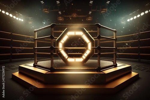 Ring arena for boxing fight and MMA championship competitions. Ai. Background with stage surrounded with chainlink fence and spotlights 