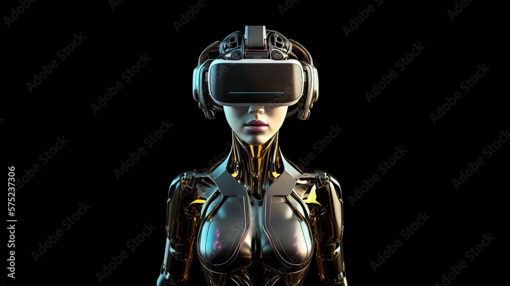 Humanoid Female robot wearing VR headset. Generative Ai