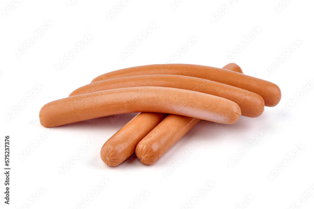 Boiled sausages with basil, isolated on white background. Boiled sausages with basil, isolated on white background.