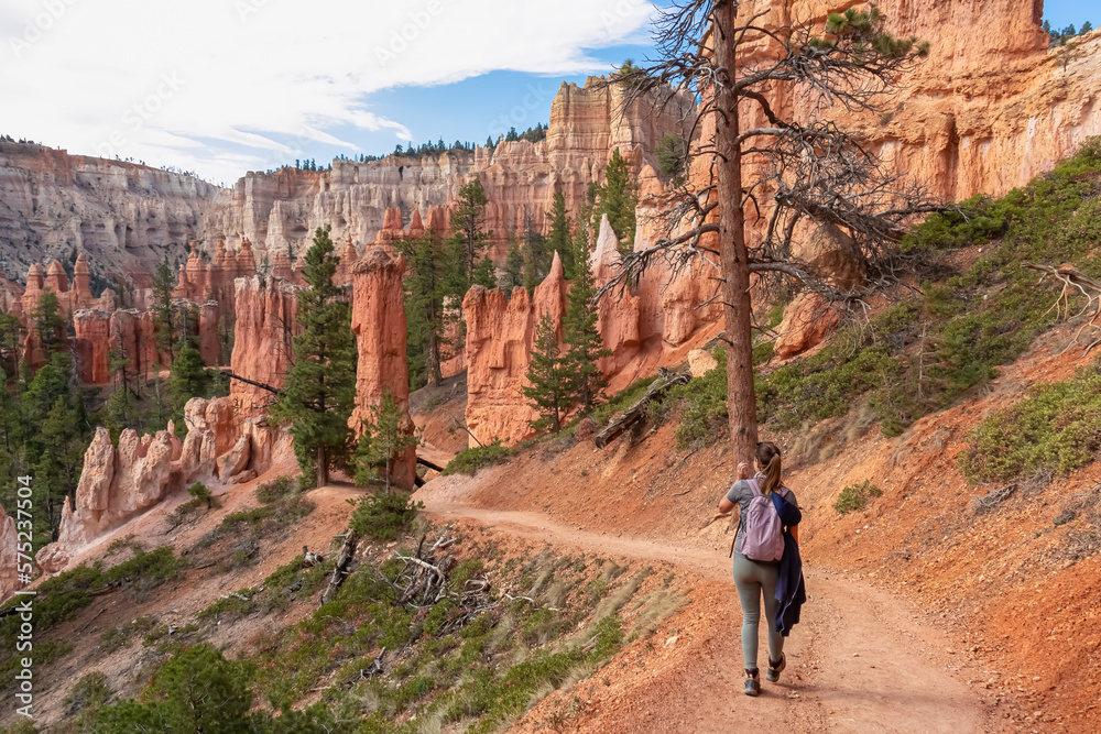 Woman hiking on Queens Garden trail with scenic view of hoodoo sandstone rock formations in Bryce Canyon National Park, Utah, USA. Pine tree forest surrounded by natural amphitheatre on sunny day