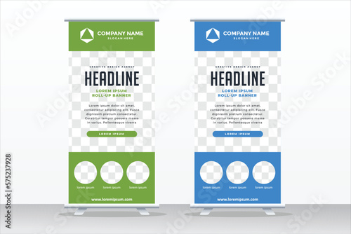 Banner roll-up design, business concept. Graphic template roll-up for exhibitions, banner for seminar, layout for placement of photos. Universal stand for conference, promo banner vector background