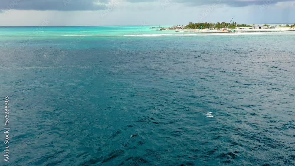 Aerial: Drone View Of Pod Of Dolphins Jumping In Wavy Ocean Under Cloudy Sky - Thulusdhoo, Maldives Aerial: Drone View Of Pod Of Dolphins Jumping In Wavy Ocean Under Cloudy Sky - Thulusdhoo, Maldives