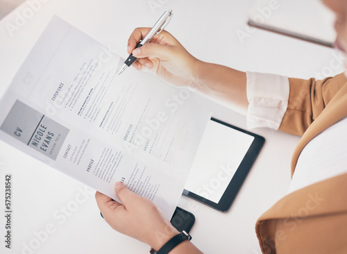 Fotografie Hands, cv paper and check at office with black woman, hr expert or question at desk for recruitment