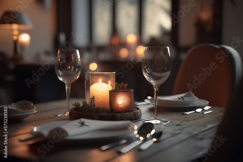 wineglass and candles, date for two, evening, burning candles on the woden table