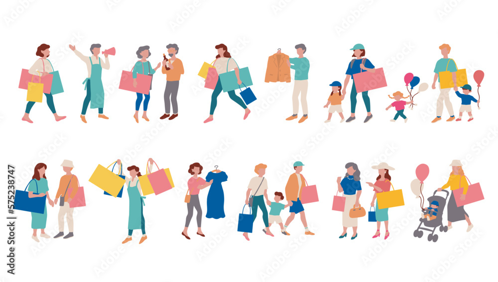 楽しそうに家族などでショッピングを楽しむ人々のベクターイラスト素材 Vector illustration of people happily enjoying shopping with their families.