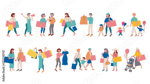 楽しそうに家族などでショッピングを楽しむ人々のベクターイラスト素材 Vector illustration of people happily enjoying shopping with their families.