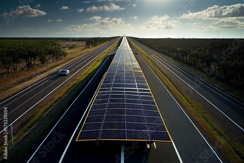 Highway covered with Solar Panels roof for green energy against climate change   illustration  generative Ai