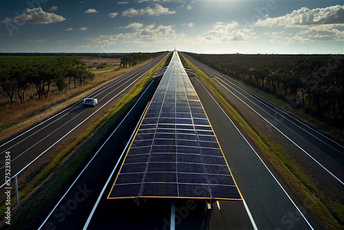 Highway covered with Solar Panels roof for green energy against climate change , illustration, generative Ai
