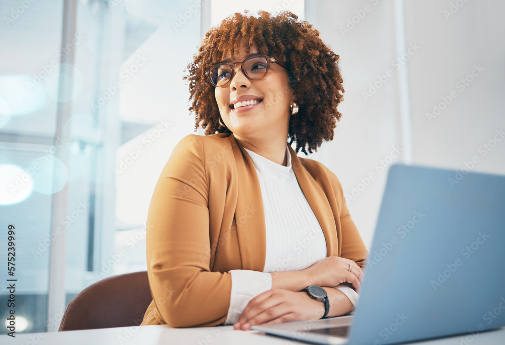 Obraz premium African woman at office, glasses on face with laptop and thinking of future of corporate in South Africa. Happy black business person with spectacles at work, confident in career and professional job