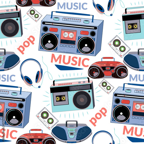 Cassette recorders and headphone cassettes. Vector illustration. Pattern with tape recorders. For print.