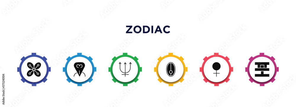 zodiac filled icons with infographic template. glyph icons such as affluence, devotion, neptune, nitre, venus, standard of quality vector.