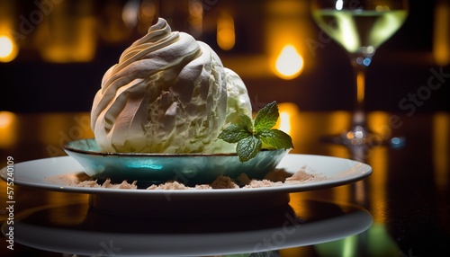 Baked Alaska: A dessert consisting of ice cream and cake covered in meringue and baked in the oven.
 photo