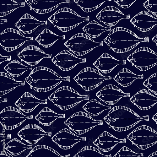 Fish flounder pattern hand drawing. A simple pattern with fish on a blue background. For print.