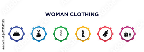 woman clothing filled icons with infographic template. glyph icons such as female wallet, female dress, zip, sexy female dress, creme container black, liquid eyeliner vector.
