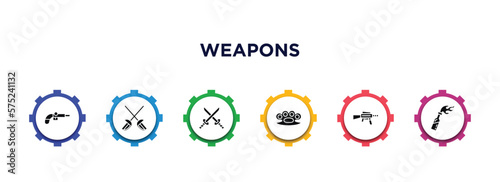 weapons filled icons with infographic template. glyph icons such as musket, sabre, 2 katanas, brass knuckles, hine gun, molotov cocktail vector.