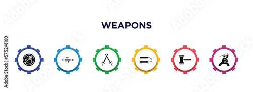 weapons filled icons with infographic template. glyph icons such as no arms, bazooka, battle, japanese nunchaku, thor hammer, samurai vector.