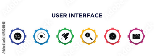 user interface filled icons with infographic template. glyph icons such as shutter, at, rocket launch, zoom, correct, pic vector.