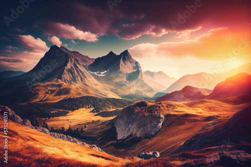 Fantastic mountain range glowing at sunlight and dramatic and picturesque scene. 