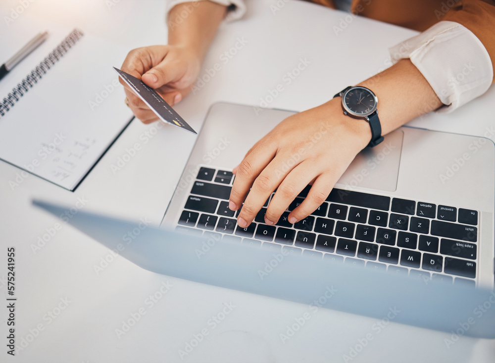 Hands, laptop and typing with credit card for black woman in office, e-commerce and shopping on web. Corporate executive, computer and payment for discount, sale and fintech cybersecurity at desk Hands, laptop and typing with credit card for black woman in office, e-commerce and shopping on web. Corporate executive, computer and payment for discount, sale and fintech cybersecurity at desk