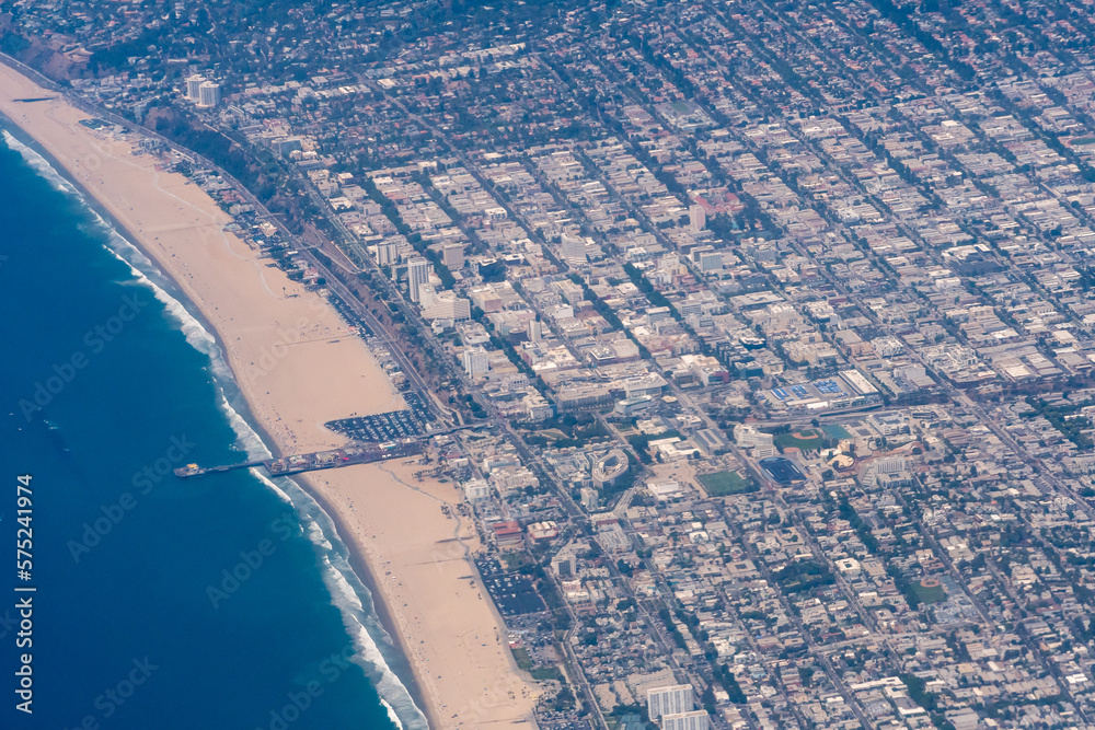 Aerial view of Santa Monica Beach and the PCH