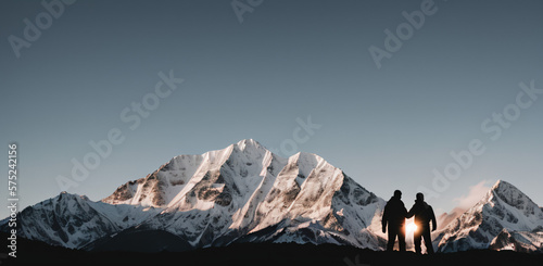 Silhouette of two person on top of mountain peak. / Holding Hands / coaching goal, success and teamwork concepts - Mountains Mountaineer / Space for Text / Blank Space / Copy Text photo