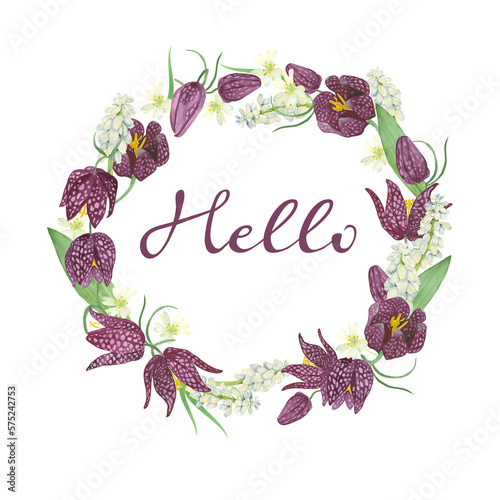 Wreath of spring flowers fritillary. Watercolor wreath for party, wedding invitations.