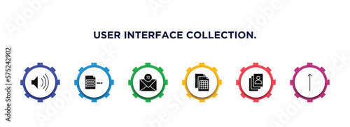 user interface collection. filled icons with infographic template. glyph icons such as sound on, export archive, unread mail, document with tables, accounts, slim up vector.