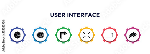 user interface filled icons with infographic template. glyph icons such as scribble broken line, right loop arrow, 3d turn right arrow, size, turn up arrow, 3d forward vector.