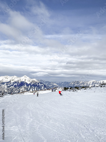 View of the ski slope and the surrounding mountains in Hinterstoder.