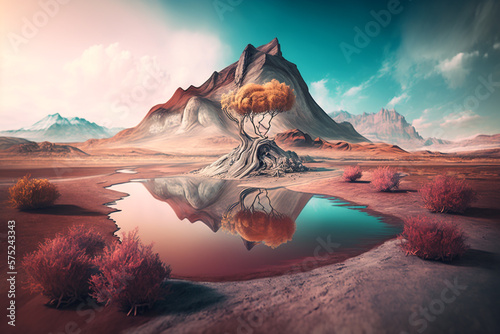 a watercolor landscape with a surreal and dreamlike quality, using creative design elements such as the use of unusual colors and abstract shapes. Generative AI