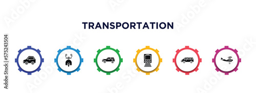 transportation filled icons with infographic template. glyph icons such as litter car, scooter front view, suv, metro, minivan, crop duster vector.