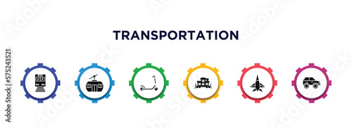 transportation filled icons with infographic template. glyph icons such as train front, chairlift, kick scooter, caboose, army airplane, all terrain vehicle vector.