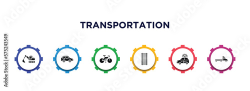 transportation filled icons with infographic template. glyph icons such as excavators, compact car, vintage bicycle, railway line, police car, flatbed lorry vector.