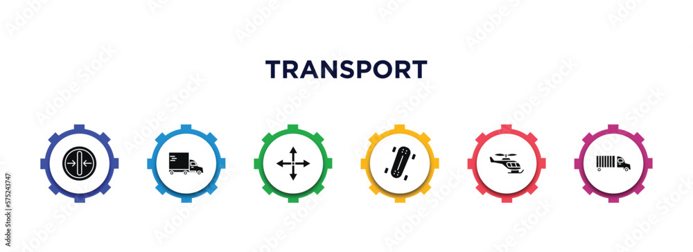 transport filled icons with infographic template. glyph icons such as slim, heavy vehicle, movement, longboard, small helicopter, trucking vector. transport filled icons with infographic template. glyph icons such as slim, heavy vehicle, movement, longboard, small helicopter, trucking vector.
