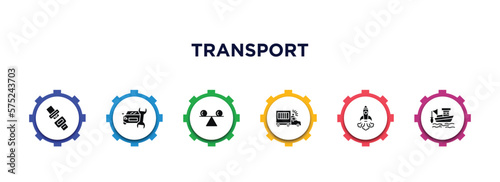 transport filled icons with infographic template. glyph icons such as seatbelt, car repair, stability, prison bus, space rocket launch, fishing boat vector.