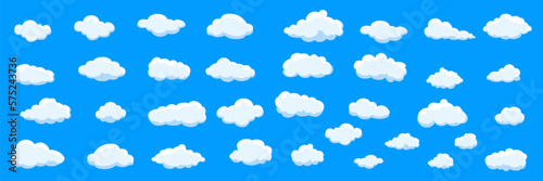 White cartoon clouds set isolated on blue background. Collection of different clouds for background template, wallpaper and fluffy sky design. Flat clouds concept. 3D clouds vector illustration