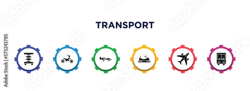 transport filled icons with infographic template. glyph icons such as lifter, quad bike, formula 1, go kart, air transport, public transportation vector.