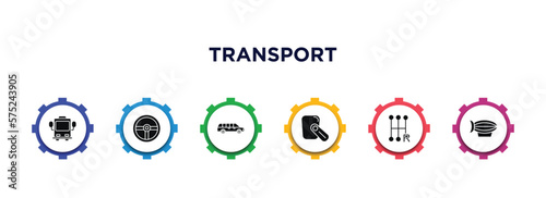 transport filled icons with infographic template. glyph icons such as bus front with driver, steering, long car, hands free device, shift, blimp vector.