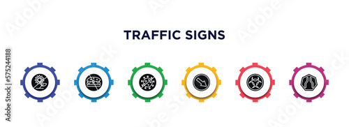 traffic signs filled icons with infographic template. glyph icons such as no picking flowers, no fast food, no virus, keep right, biological hazard, narrow road vector.