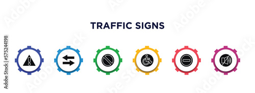 traffic signs filled icons with infographic template. glyph icons such as danger, two ways, no waiting, handicap, prohibited way, no sound vector.