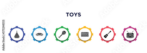 toys filled icons with infographic template. glyph icons such as pyramid toy, keyboard toy, rattle toy, piano guitar drum vector.