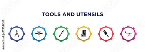 tools and utensils filled icons with infographic template. glyph icons such as maths compass tool, pipe losing water, writing tools, hand phones, microphone voice tool, iron board vector.