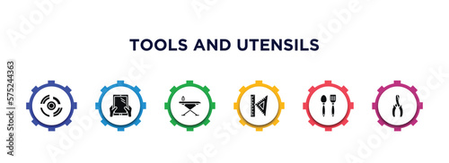 tools and utensils filled icons with infographic template. glyph icons such as radial, tablet with hand, iron table, squad, tools and utensils, wire cutter vector.