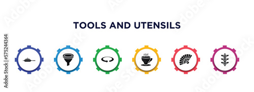 tools and utensils filled icons with infographic template. glyph icons such as kitchen utensils, filtering, rotate right, cup of tea, tessen fan, semaphore light vector.